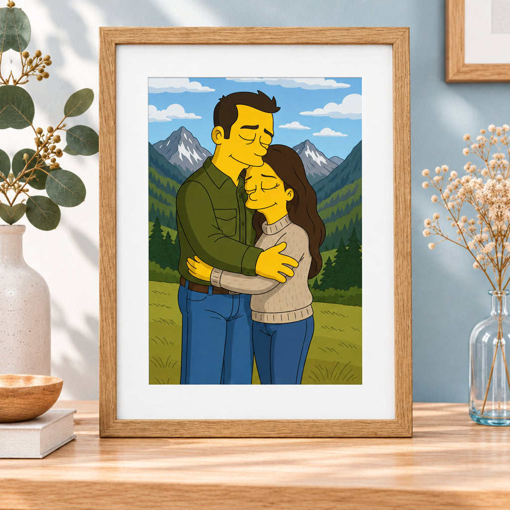 Cuadro A4 con marco de madera y caricatura estilo Simpson de pareja desde foto, regalo de aniversario