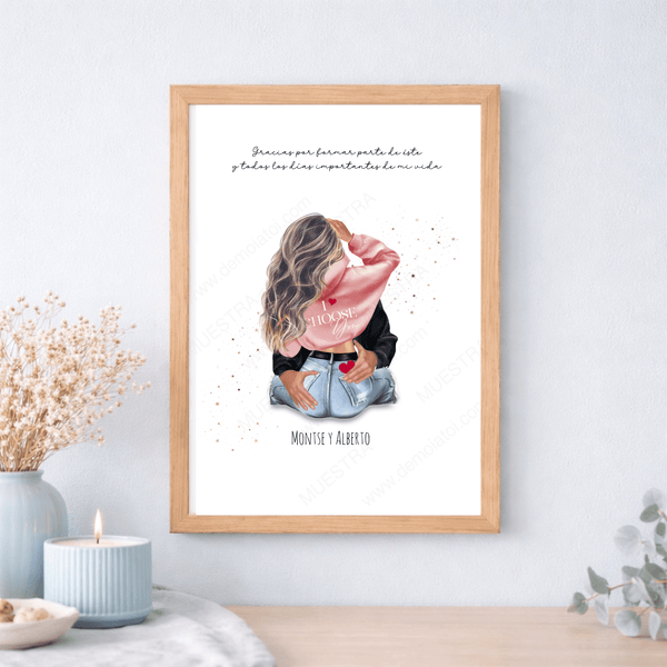 Regalo original para enamorados. cuadro impreso con ilustración personalizada, nombres y dedicatoria