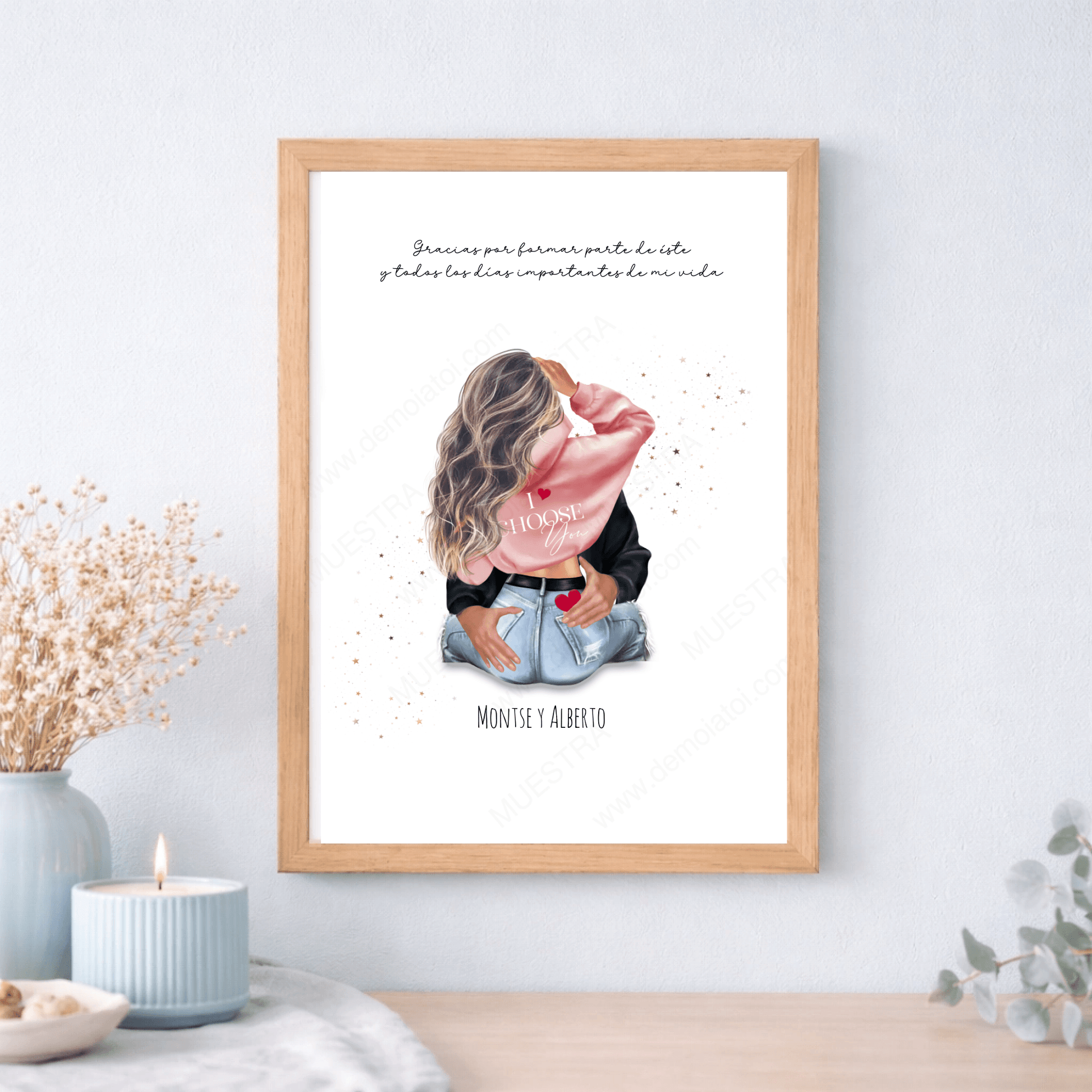 Regalo original para enamorados. cuadro impreso con ilustración personalizada, nombres y dedicatoria