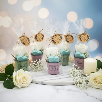 Detalle original jabón invitados boda bautizo comunión - Cubito latón con rosa jabón