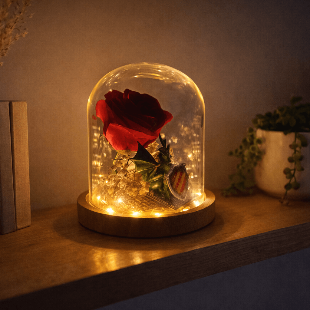 Rosa preservada para regalar en sant jordi con dragón en cúpula de cristal con luces
