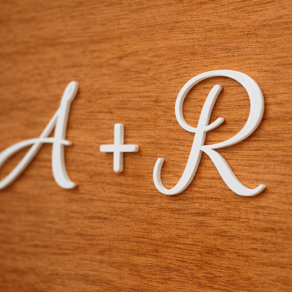 Detalle cartel boda madera personalizado con acrílico blanco en relieve diseño viajeros
