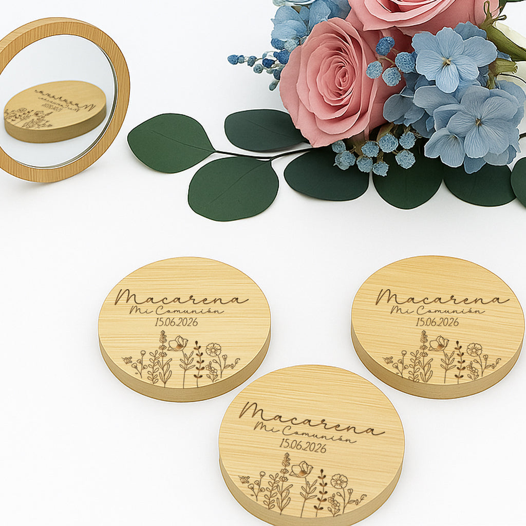 espejo de bambú personalizado detalle de comunión grabado a láser sostenible