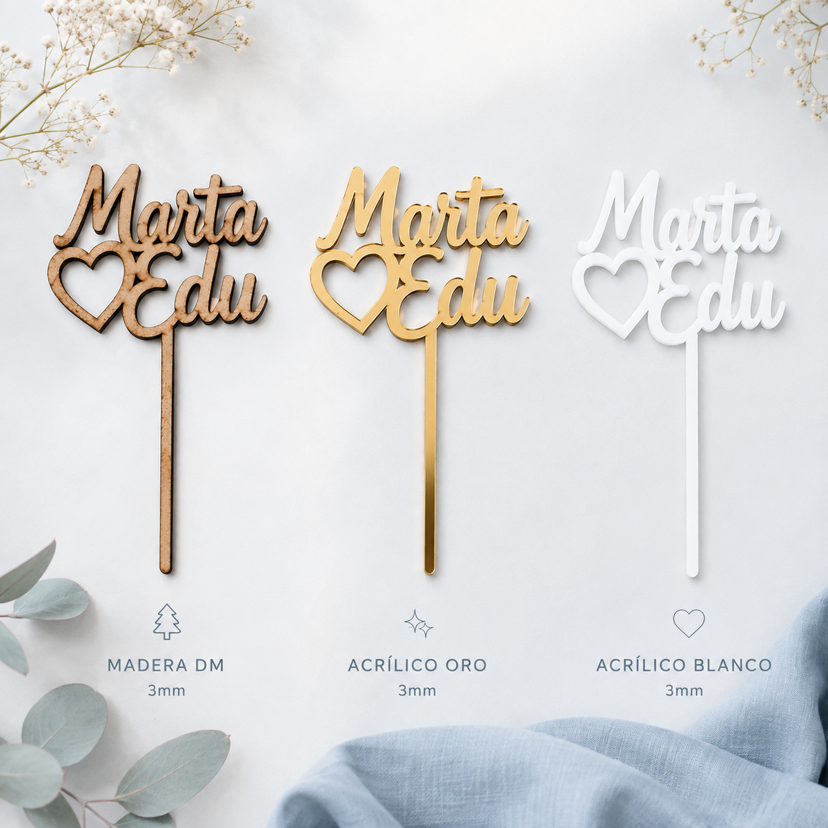 Topper personalizado con nombres para tarta de boda o aniversario – Acrílico oro o madera
