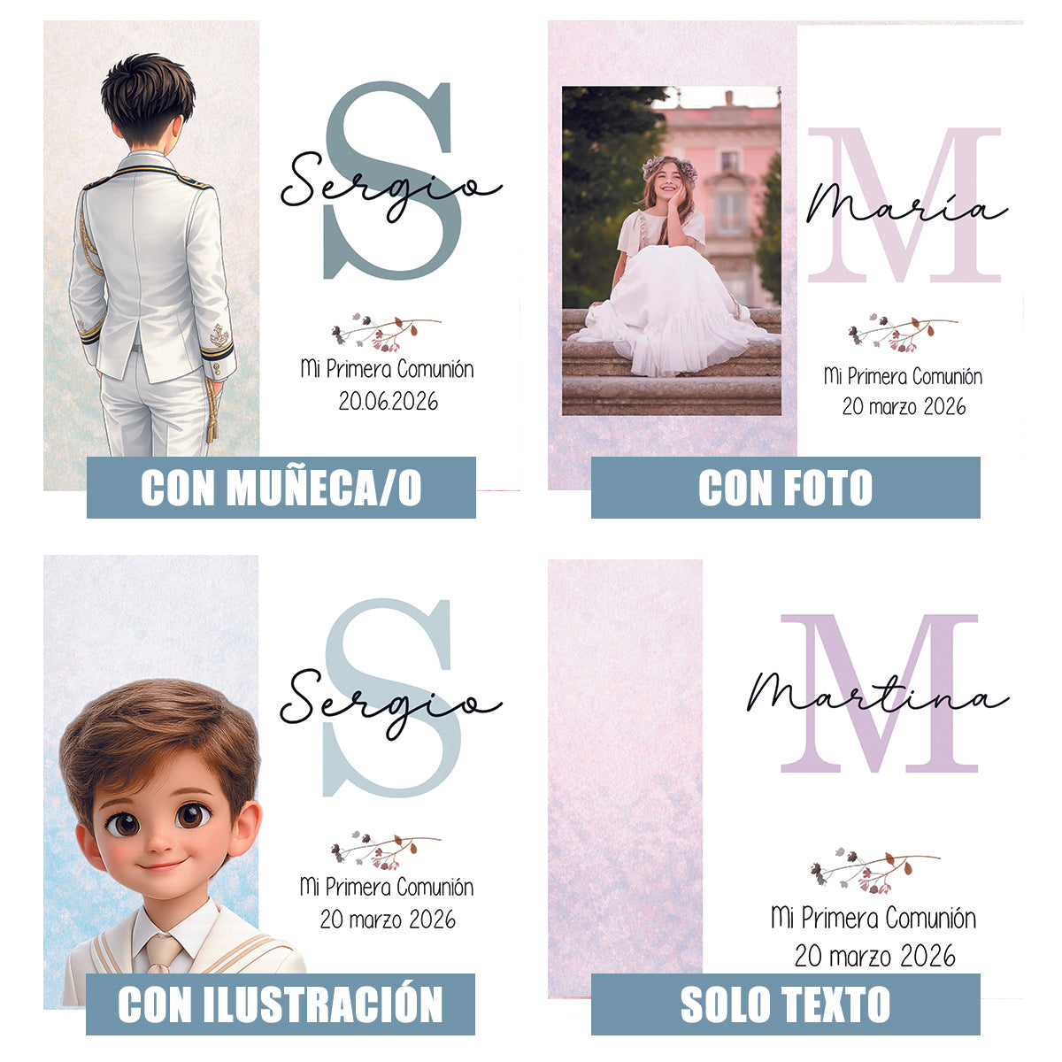 Opciones de personalización para detalles de comunión: diseño con muñeco ilustrado, con foto del niño o niña, con ilustración infantil personalizada o solo texto con nombre y fecha.