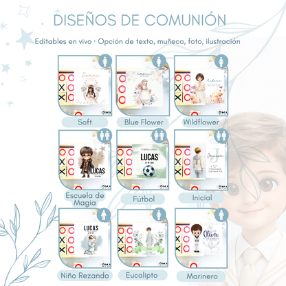 Diseños de comunión disponibles para el 3 en raya personalizado de invitados