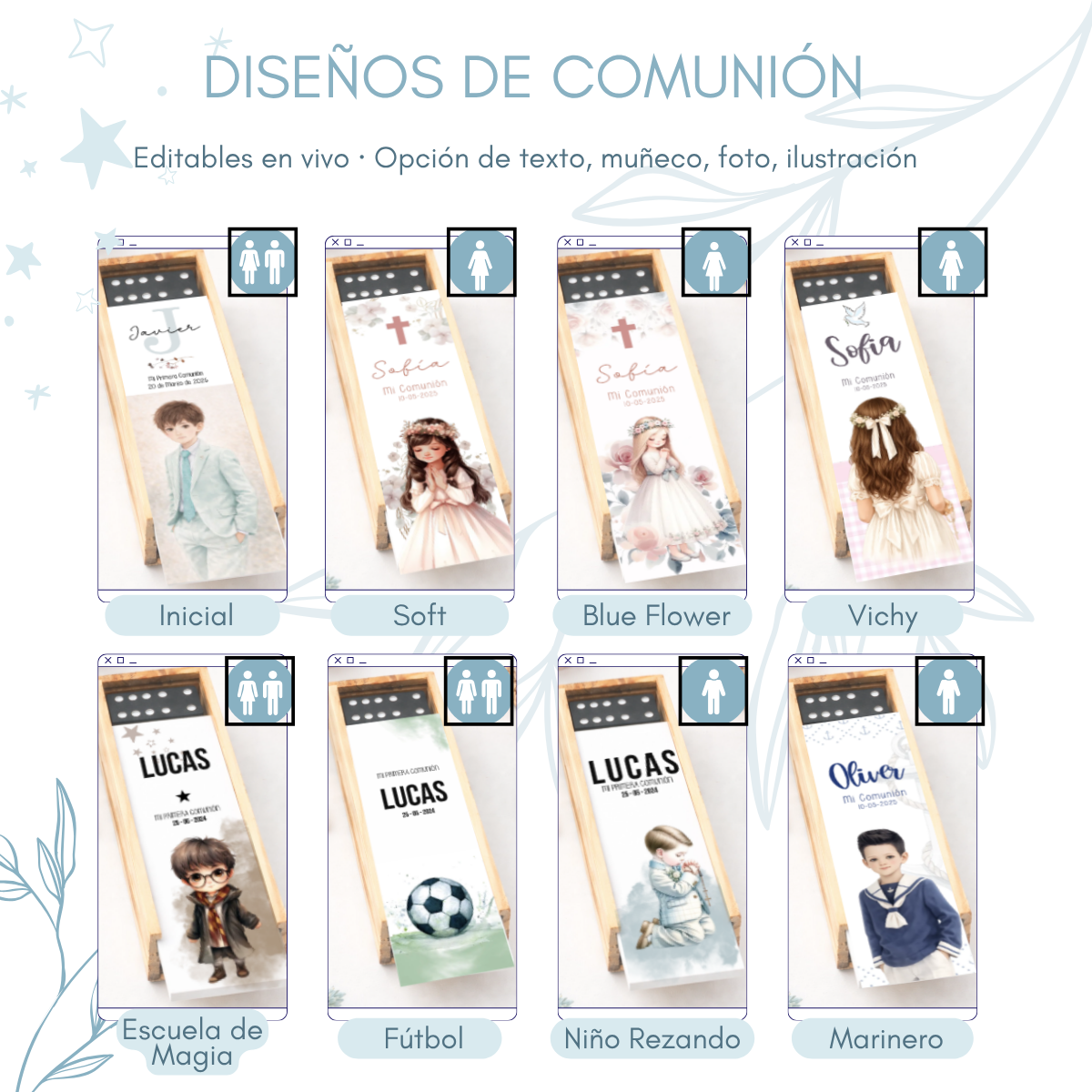 Diseños de comunión disponibles para el dominó personalizado de invitados