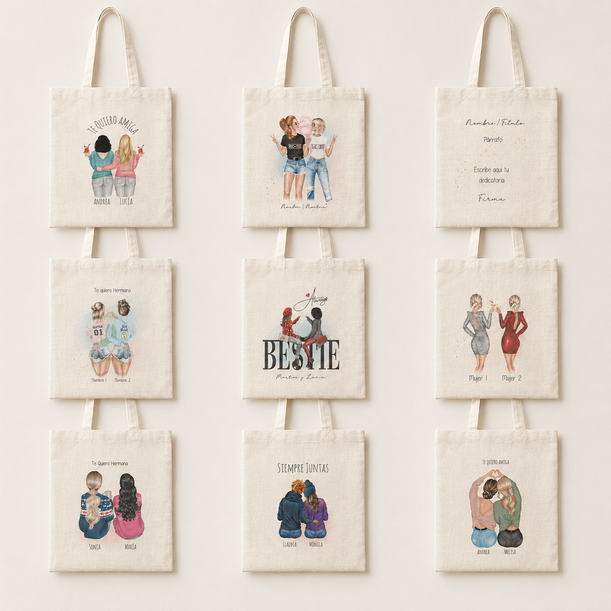 Totebags personalizadas con ilustración editada en vivo para mejores amigos y hermanas
