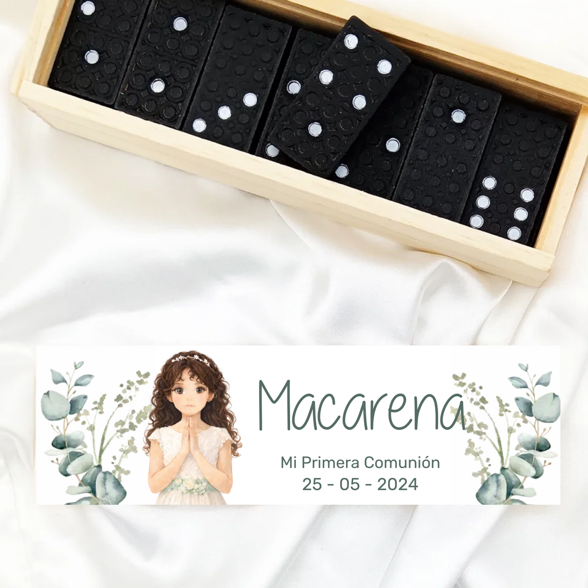 Dominó personalizado comunión diseño eucalipto unisex con nombre, detalle para invitados