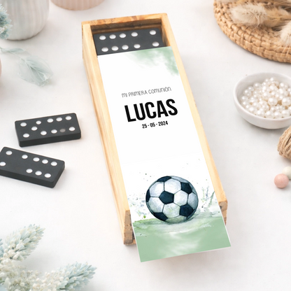 Dominó personalizado de comunión diseño fútbol con nombre para invitados