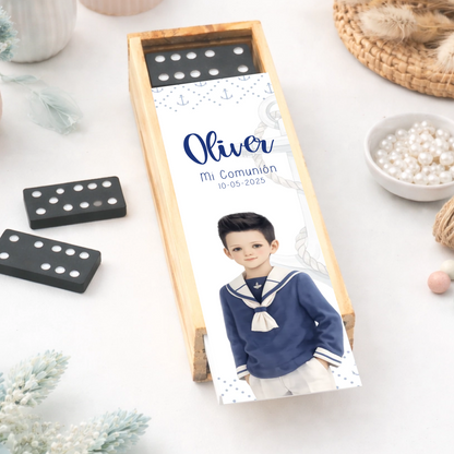Dominó marinero personalizado para comunión, detalle de invitados con nombre