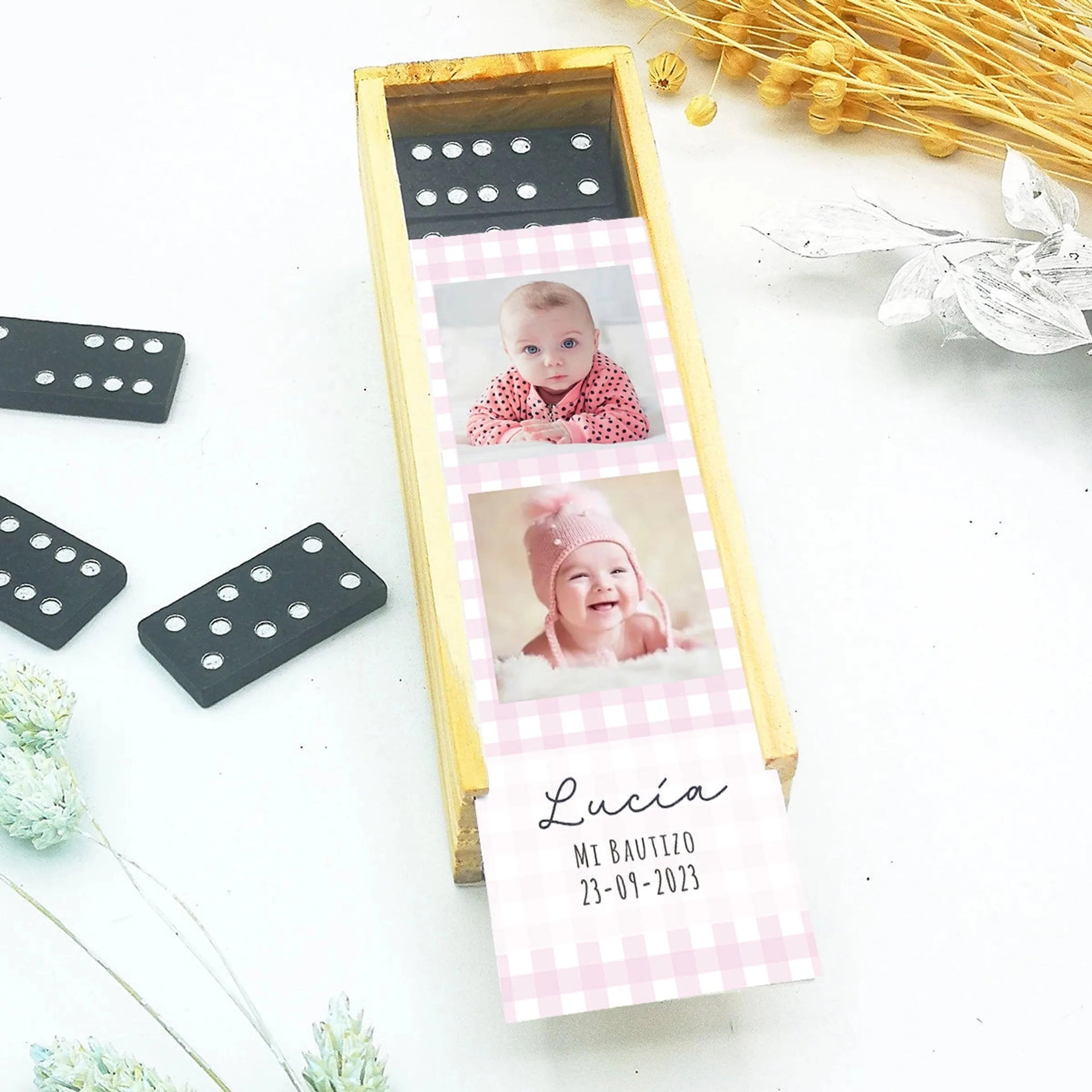 Dominó personalizado con foto como recuerdo de bautizo