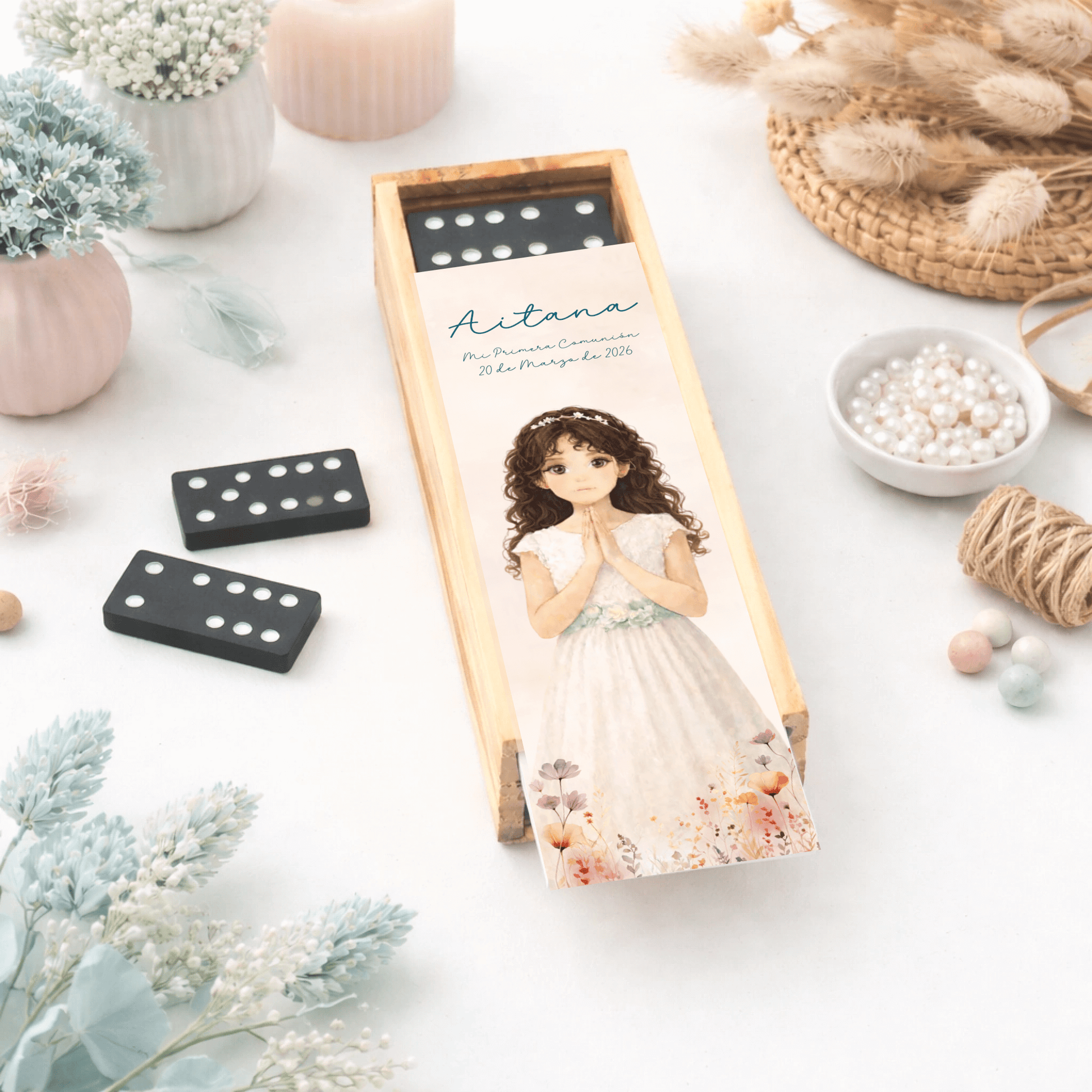 Regalo de comunión personalizado para invitados juego de madera con ilustración editable online