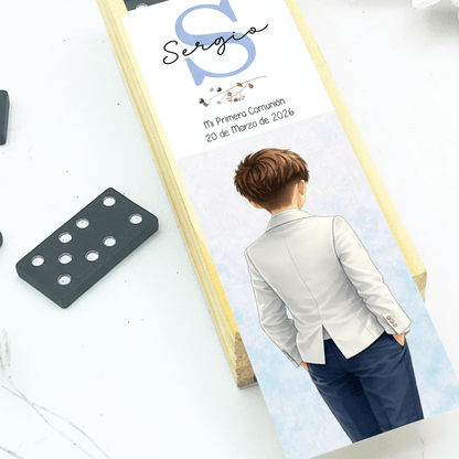 Dominó personalizado como detalle de comunión original con ilustración para invitados