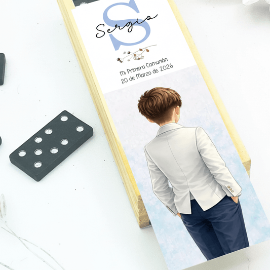 Dominó personalizado como detalle de comunión original con ilustración para invitados