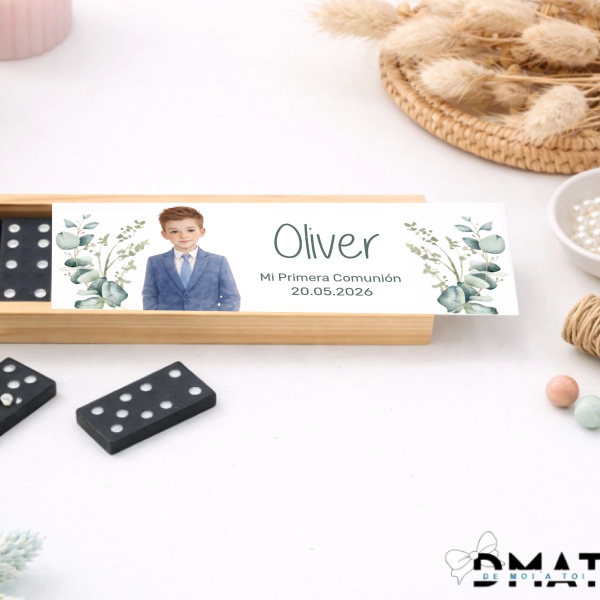 Detalle de invitados personalizado para comunión niño con dibujo y nombre