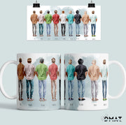 Taza personalizada para grupo de amigos con ilustración editable online, nombres y dedicatoria — modelo de cerámica y taza mágica