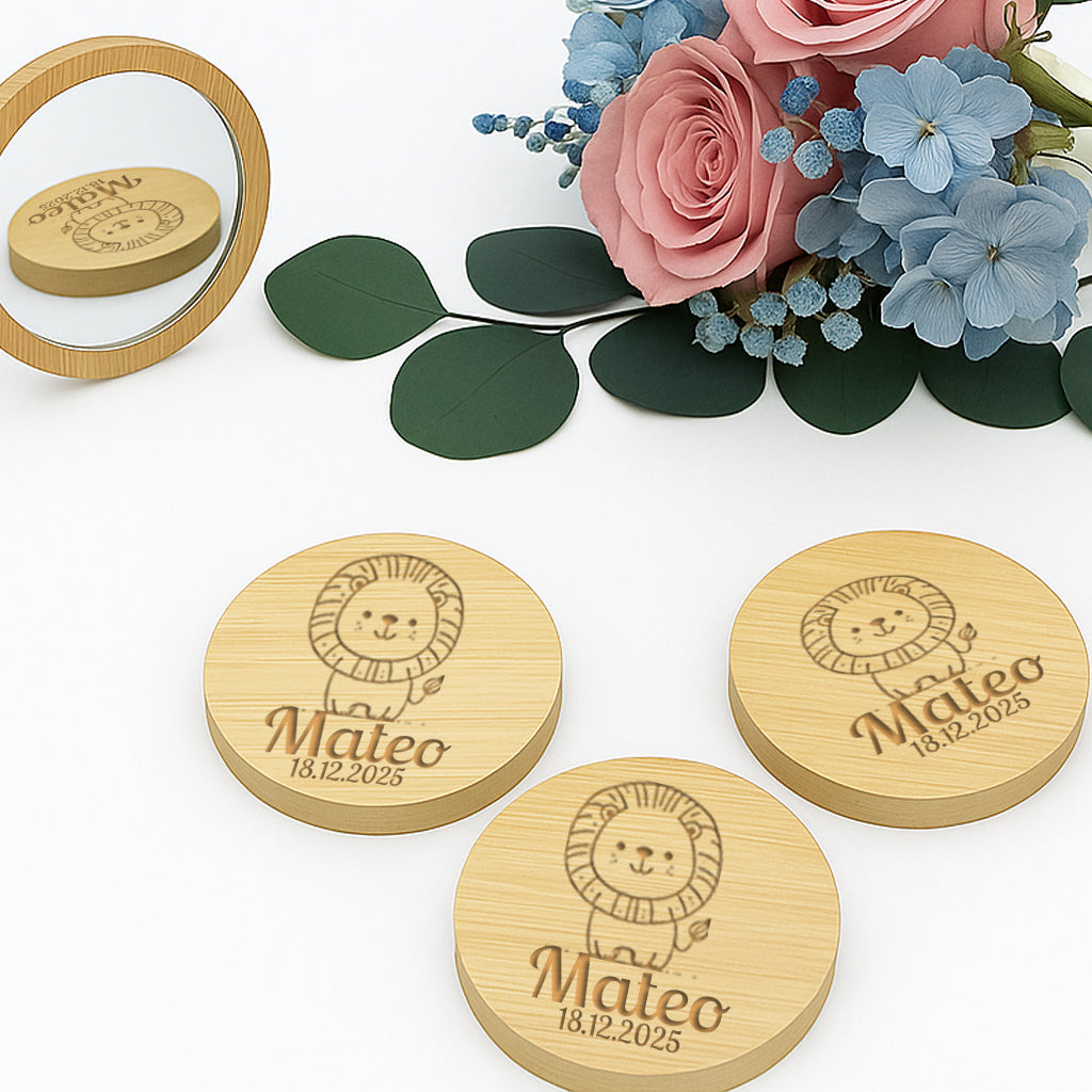 espejo de bambú personalizado detalle de bautizo grabado a láser ecológico