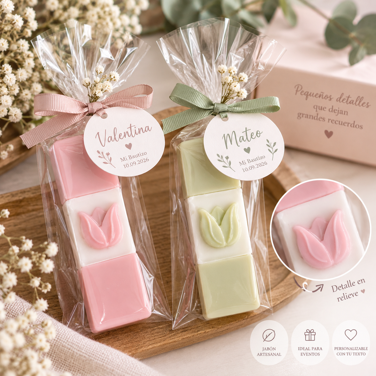 Set de 3 mini jabones artesanos con tulipán en relieve en rosa y verde con tarjeta personalizada
