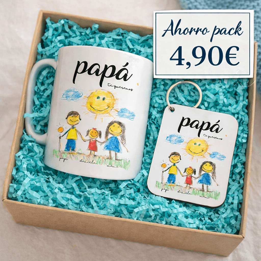 Pack Regalo Taza + Llavero con Dibujo Real de los Niños | Día del Padre y Día de la Madre