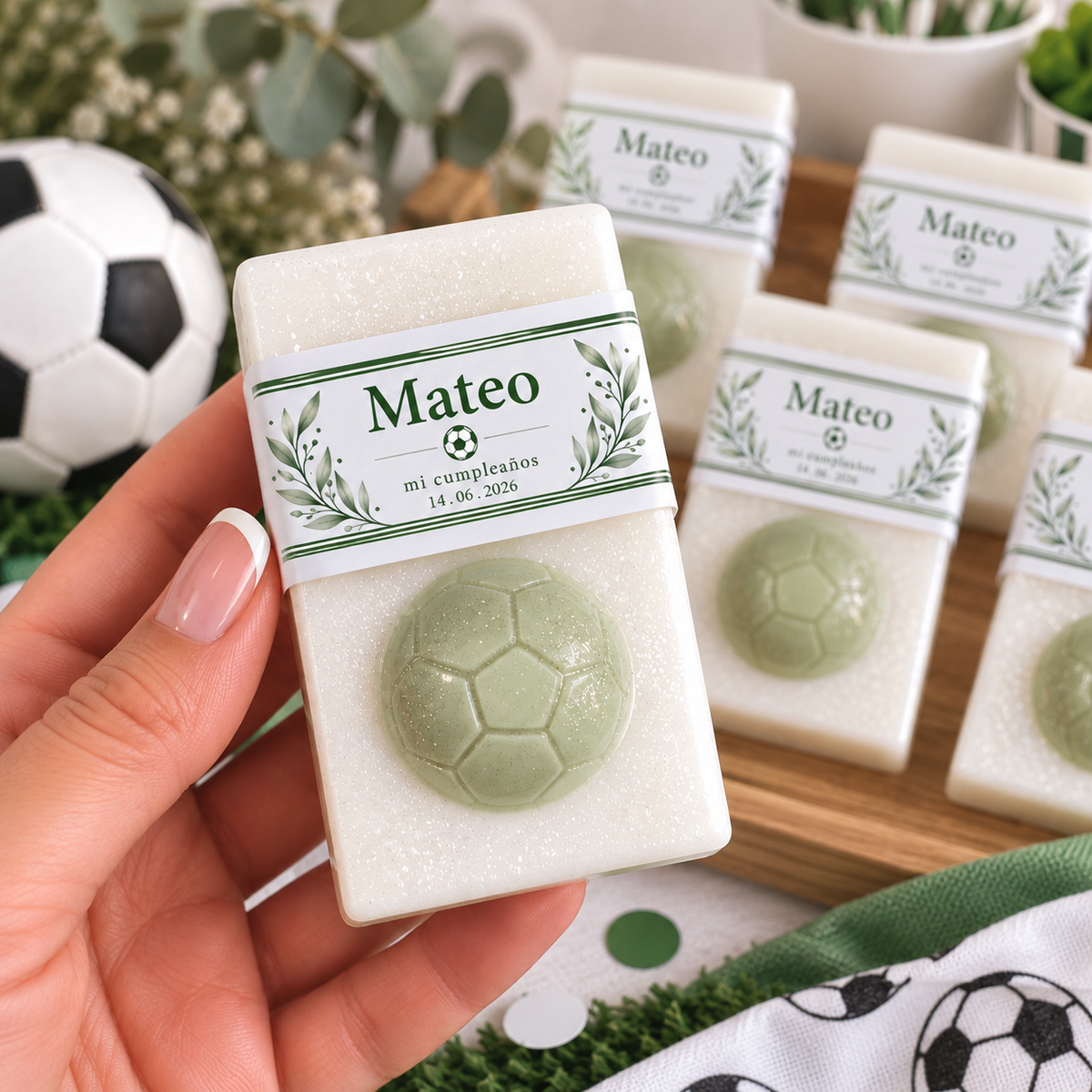 Jabón artesano de balón personalizado para comunión y cumpleaños