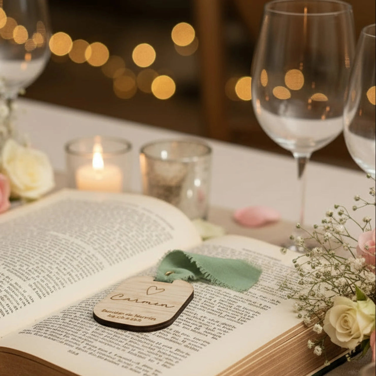 Marcasitio de madera con cinta verde y remache, personalizado con nombre