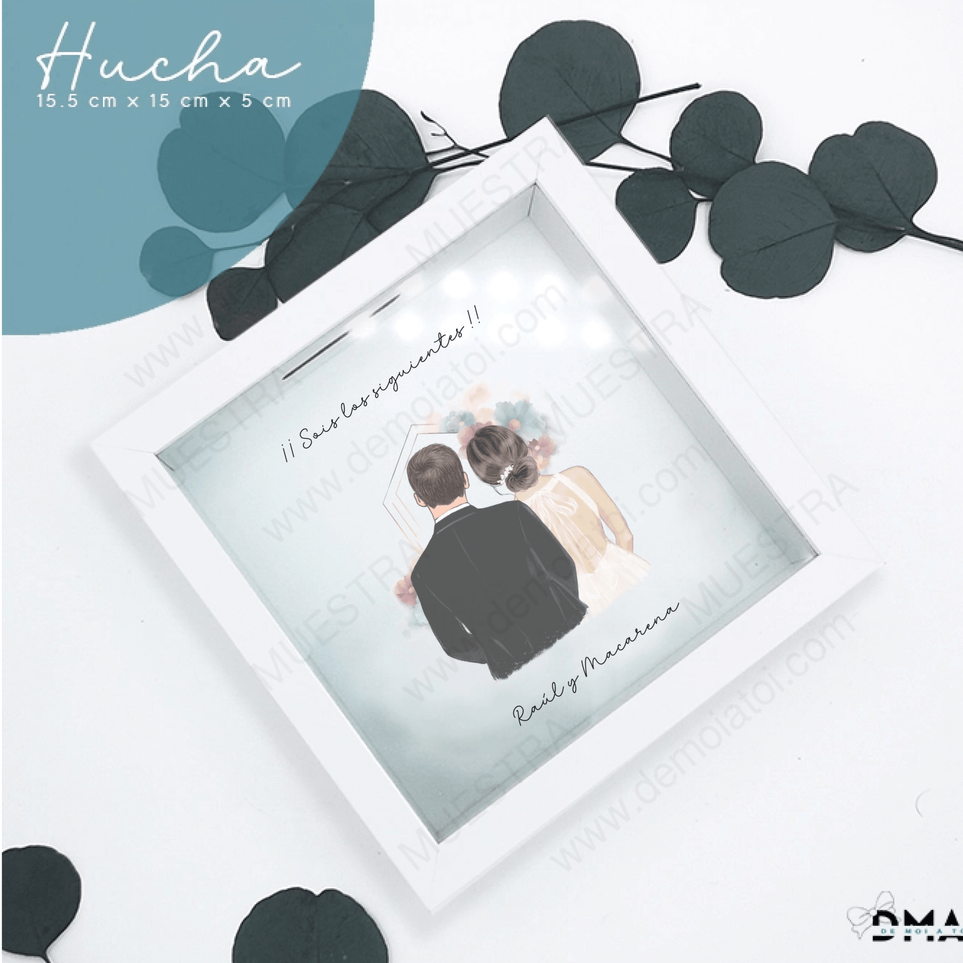 regalo boda original hucha cristal ilustración premium familiares, novios y siguientes
