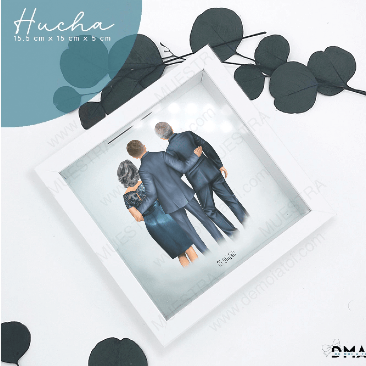 regalo original boda hucha madera blanca ilustración editable familiares boda
