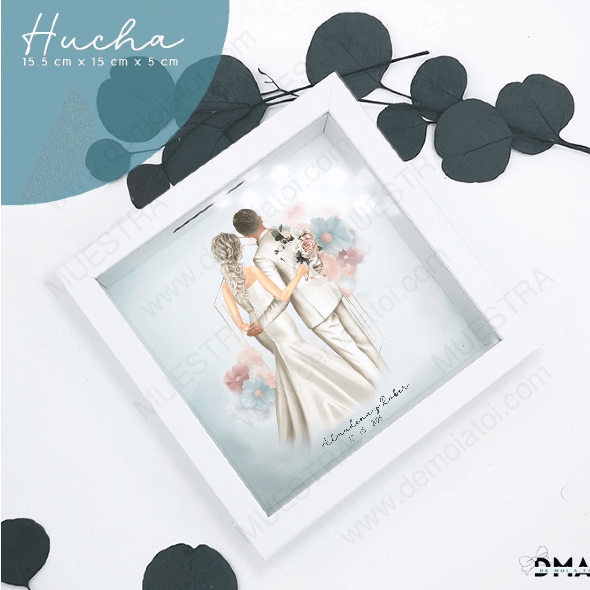 regalo invitados boda hucha cristal ilustración premium familiares y novios
