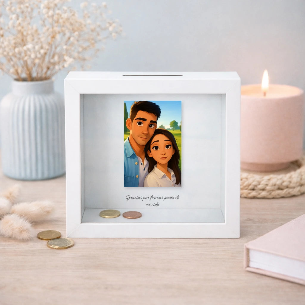 Hucha personalizada con caricatura estilo dibujo animado de pareja y dedicatoria