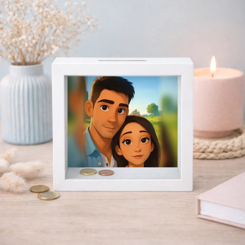 Hucha personalizada con caricatura estilo dibujo animado de pareja desde foto