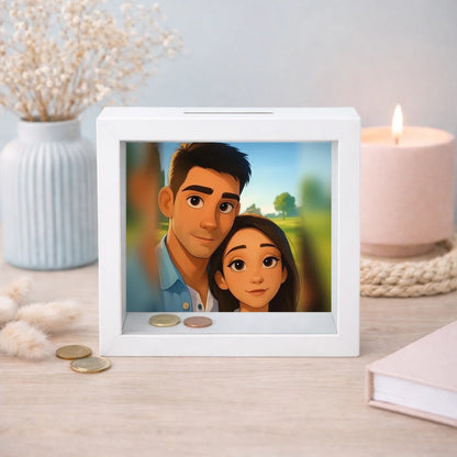 Hucha personalizada con caricatura estilo dibujo animado de pareja desde foto