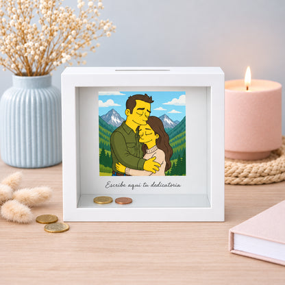 Hucha con caricatura estilo Simpson y dedicatoria personalizada, regalo de Navidad para la familia