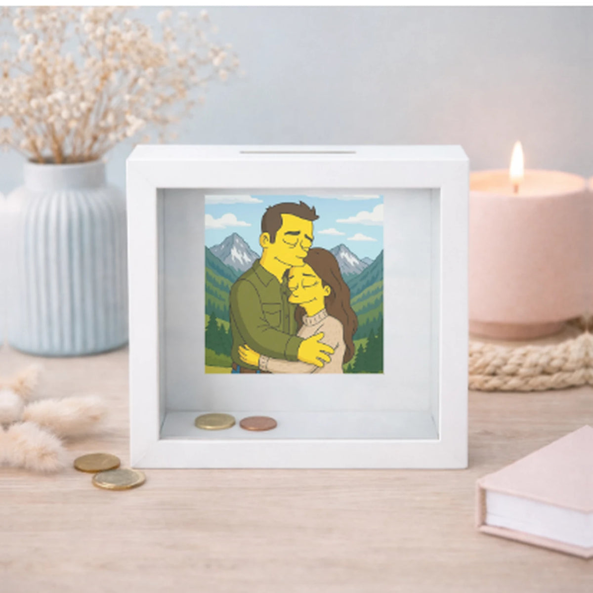 Hucha personalizada con caricatura estilo Simpson sobre mesa decorada, regalo de cumpleaños original
