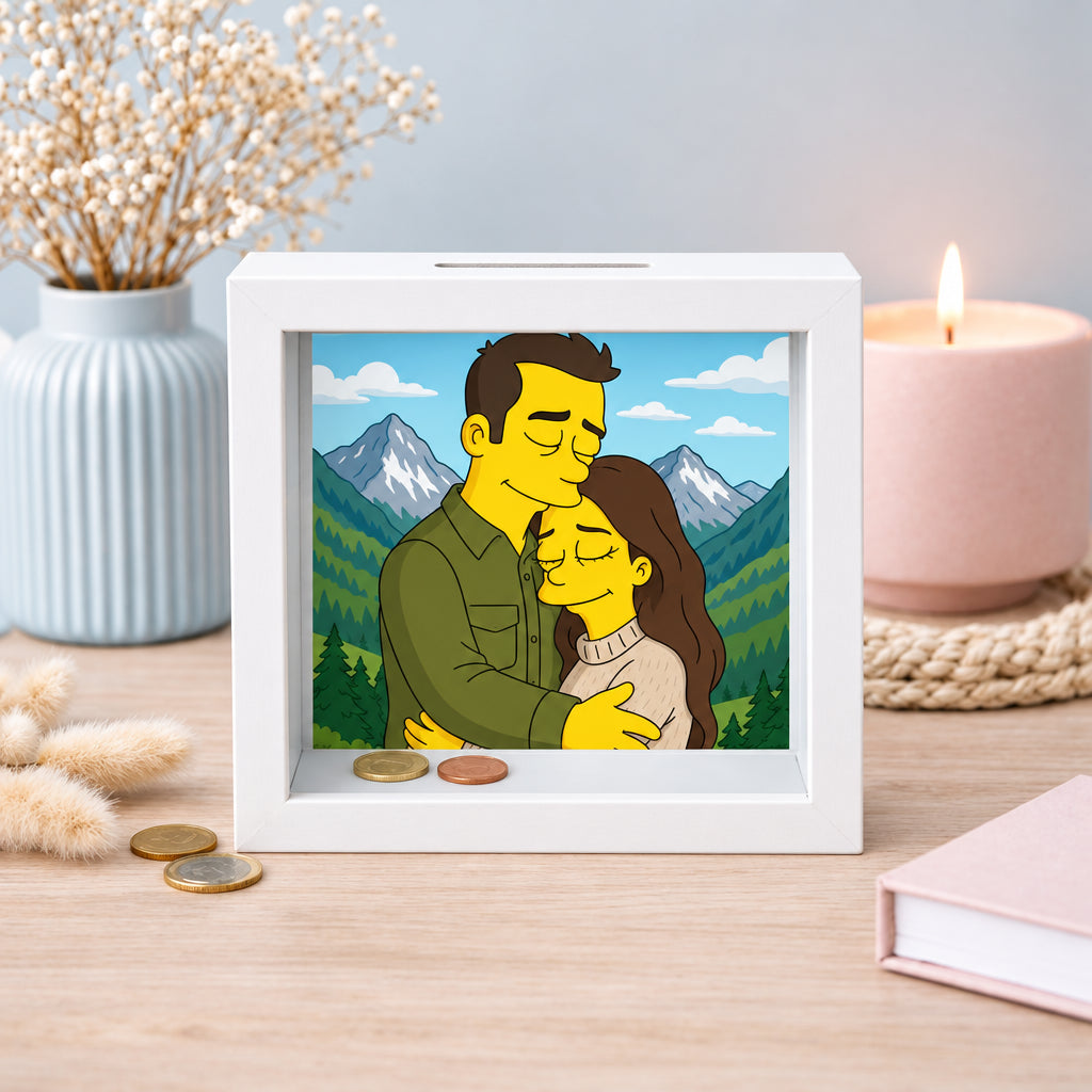 Hucha personalizada con caricatura estilo Simpson desde foto, regalo para recién casados