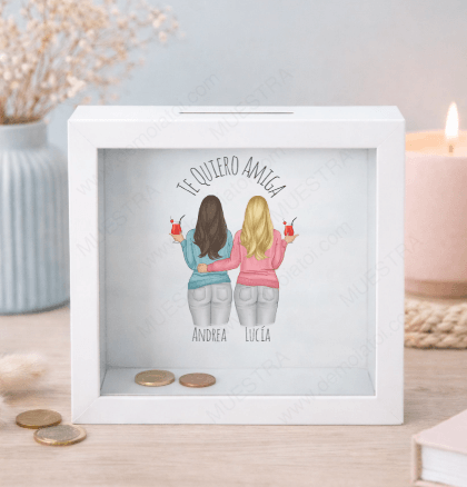 Regalo original personalizado con ilustración de amigas editable con clipart impresa en hucha