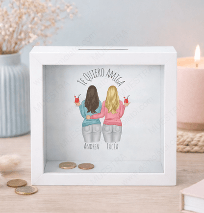 Regalo original personalizado con ilustración de amigas editable con clipart impresa en hucha