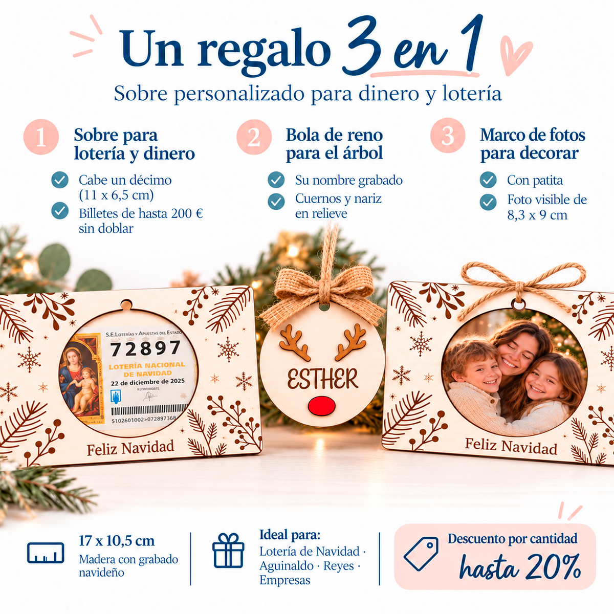 Infografía regalo 3 en 1: sobre para lotería y dinero, bola de reno para el árbol y marco de fotos · De Moi à Toi