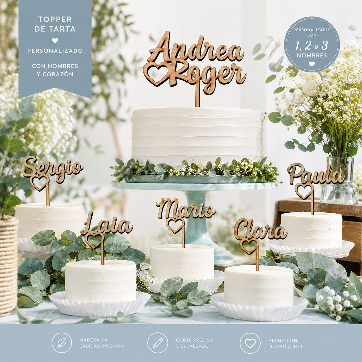 Toppers personalizados con nombres en madera DM sobre tartas de boda decoradas – De Moi à Toi