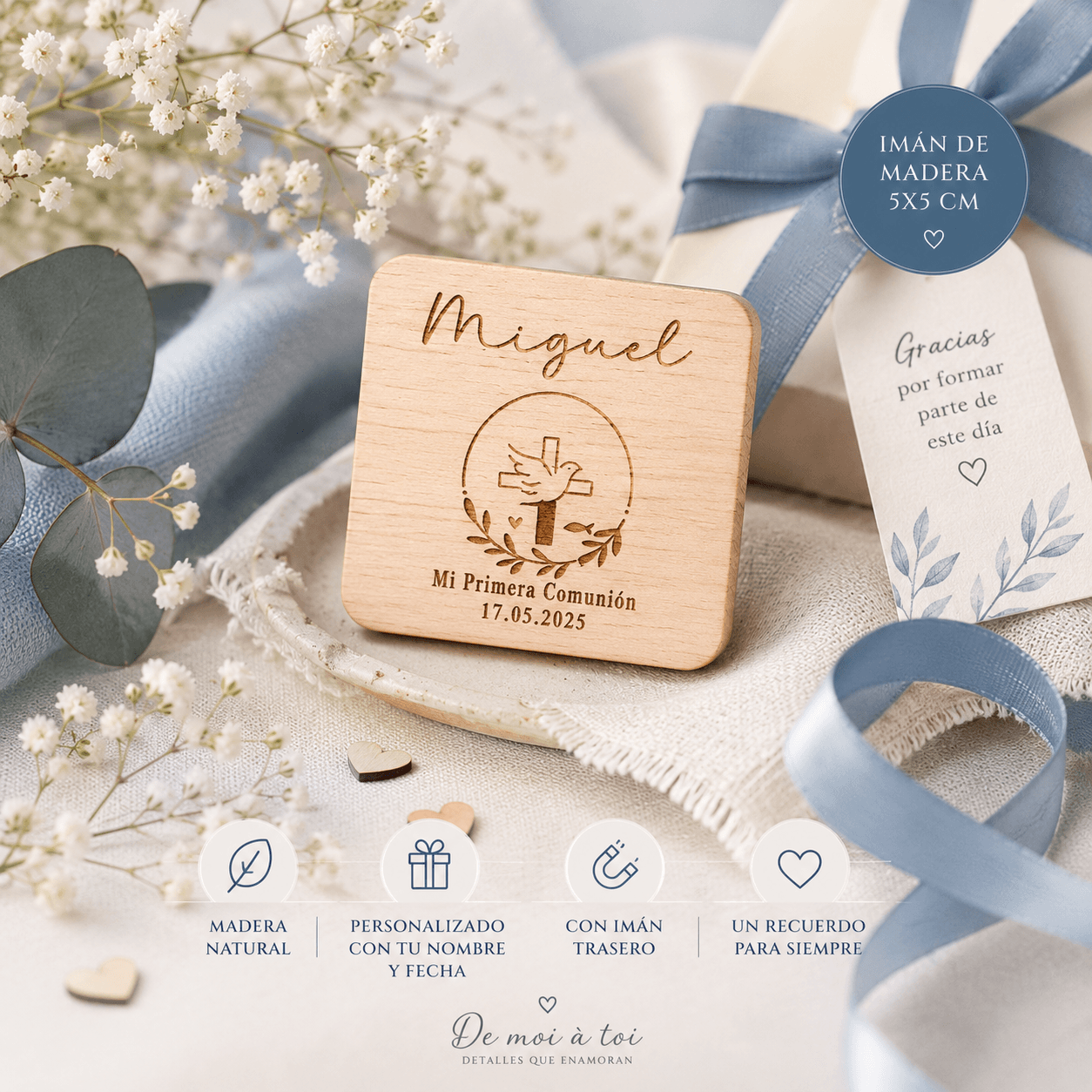 Imán de madera grabado a láser | Detalle de comunión personalizado