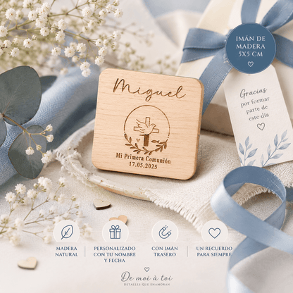 Imán de madera grabado a láser | Detalle de comunión personalizado