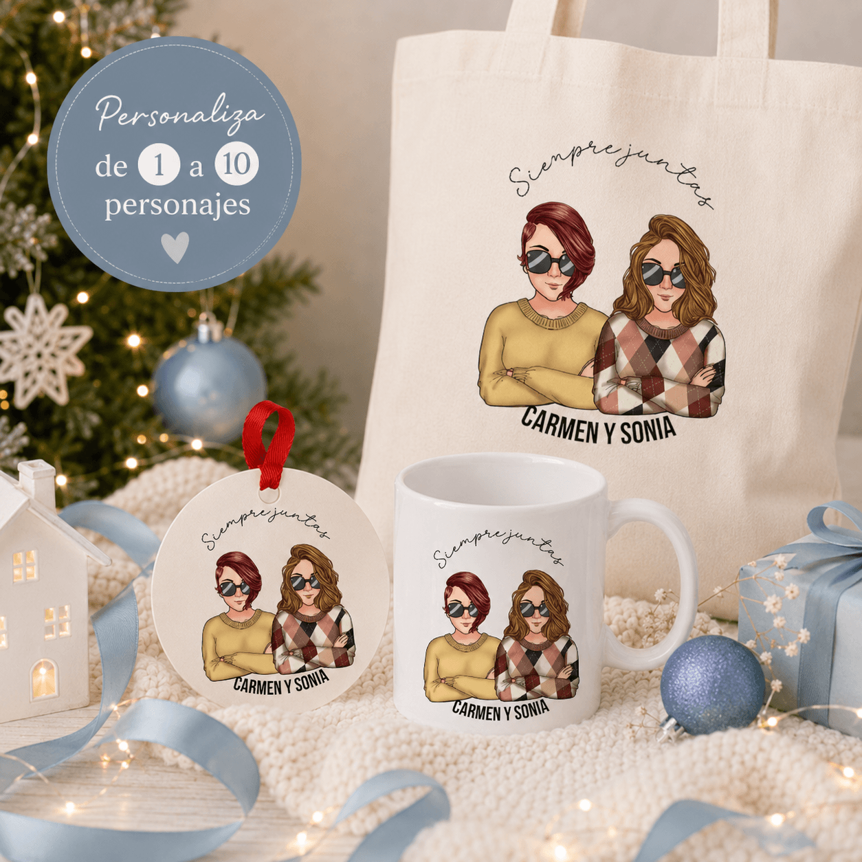 Set regalo Navidad personalizado con ilustración personajes Chibi amigas - Taza y bola navidad originales