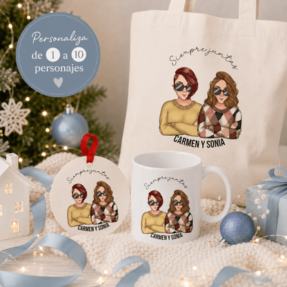 Set regalo Navidad personalizado con ilustración personajes Chibi amigas - Taza y bola navidad originales