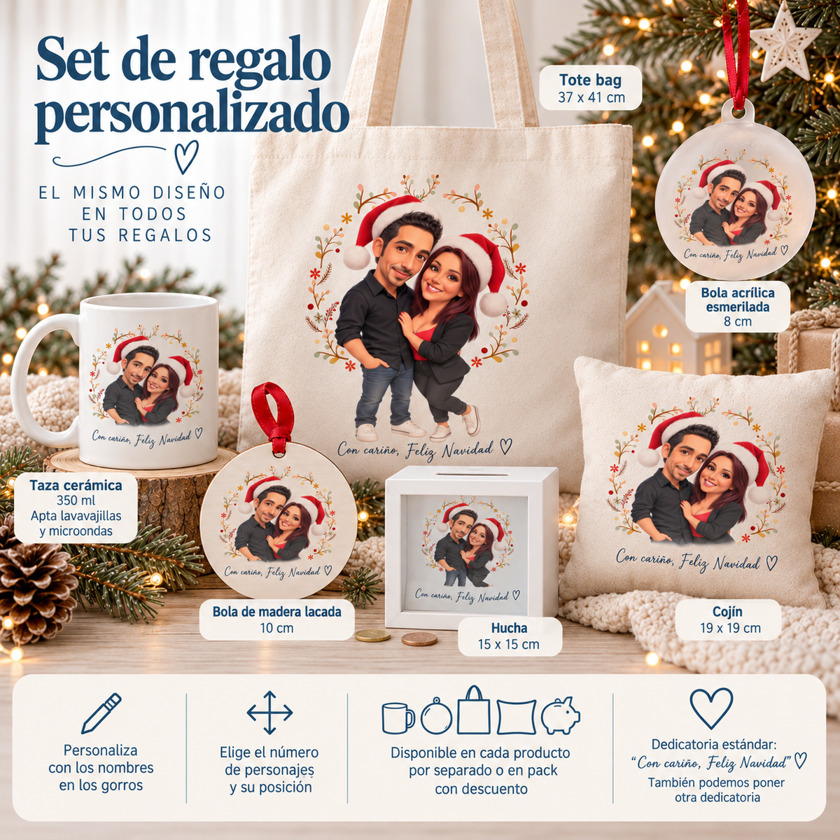 Infografía de cómo crear tu caricatura navideña personalizada desde foto y en qué artículos se imprime