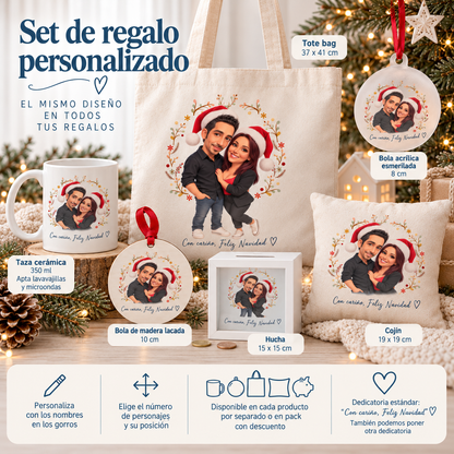 Infografía de cómo crear tu caricatura navideña personalizada desde foto y en qué artículos se imprime