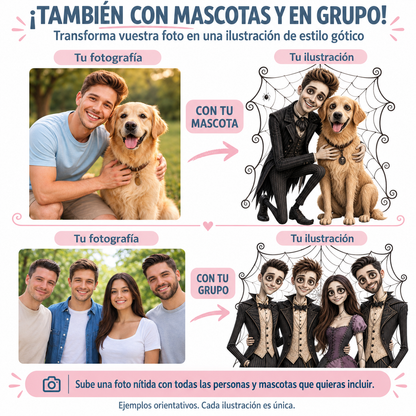 Caricatura gótica estilo Pesadilla antes de Navidad desde foto con mascota o en grupo, inspirada en Jack Skellington