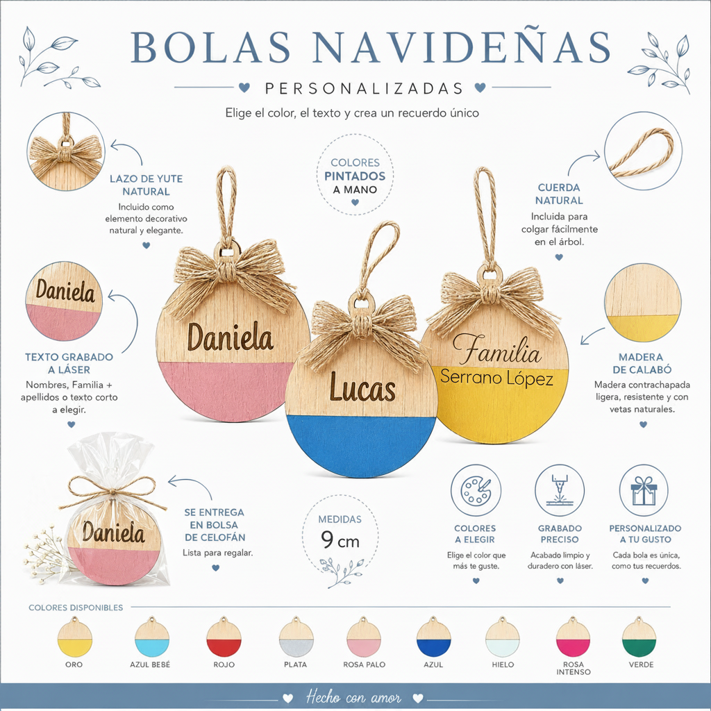 Bolas de Navidad de madera personalizadas en diferentes colores, pintadas a mano con nombre grabado a láser