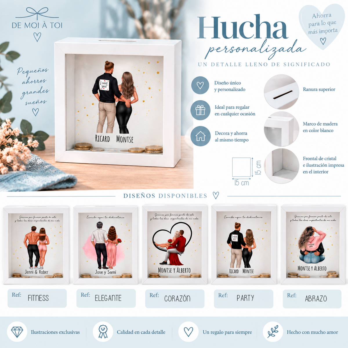 Diseños impresos en hucha personalizada para parejas y enamorados
