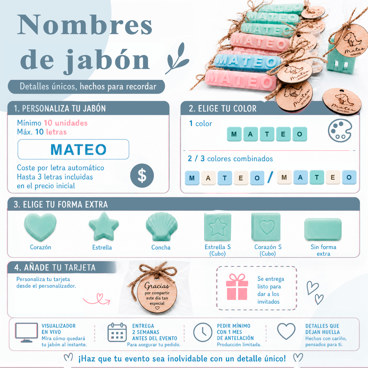 como personalizar y encargar jabones con nombres para invitados de celebración