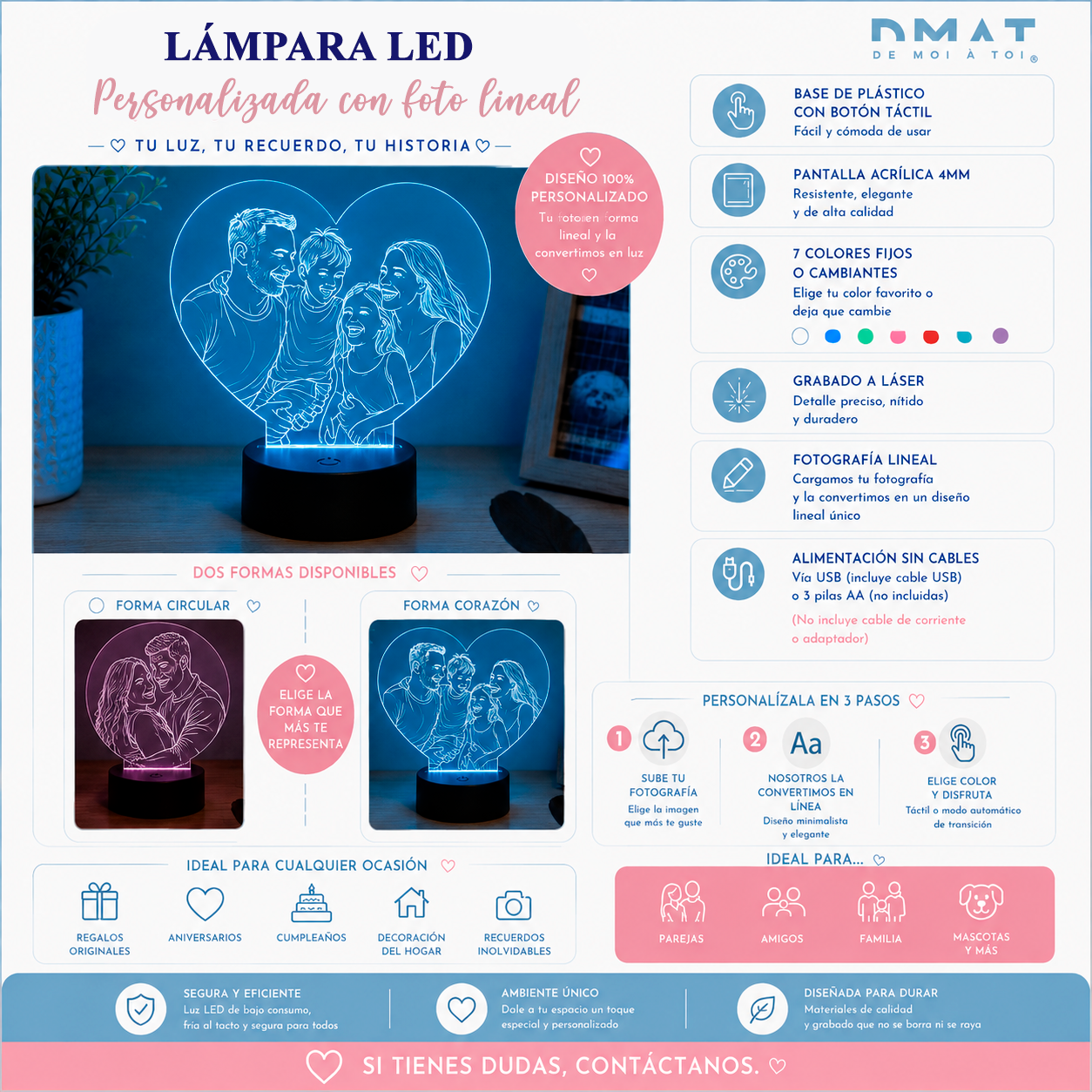 Lámpara  personalizada con fotografía lineal (LUZ COLORES)